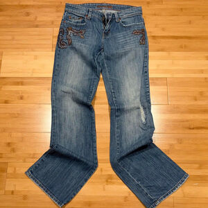 Distressed American Eagle low rise flare jeans embroidered